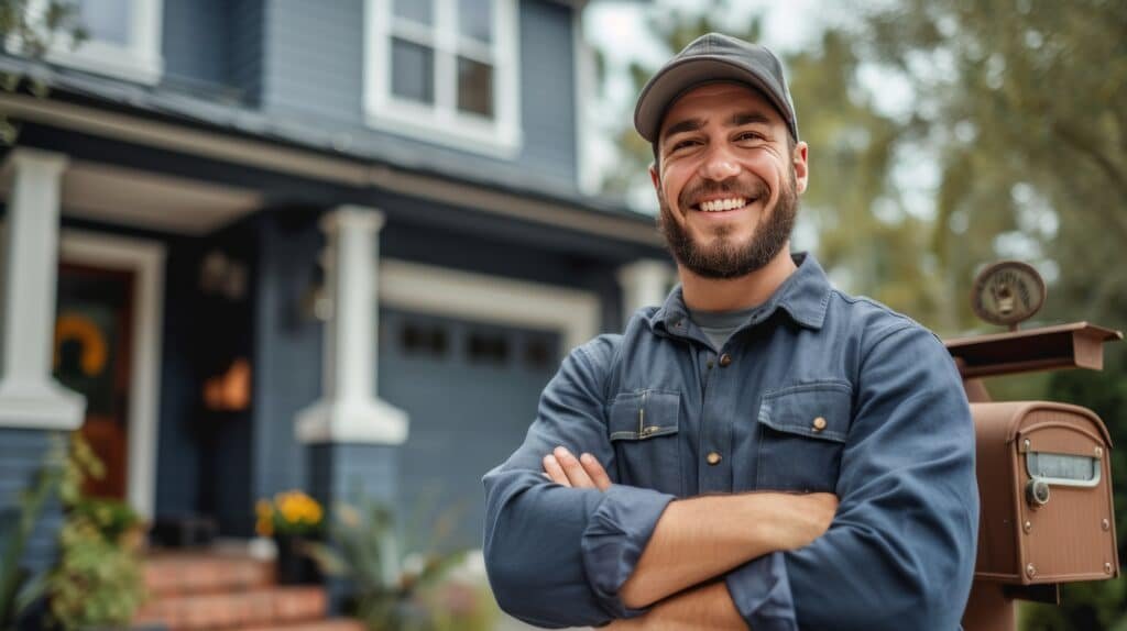 Garage door technician strong looking at the camera