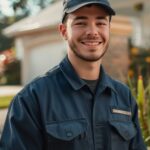 garage door technician looking at the camera